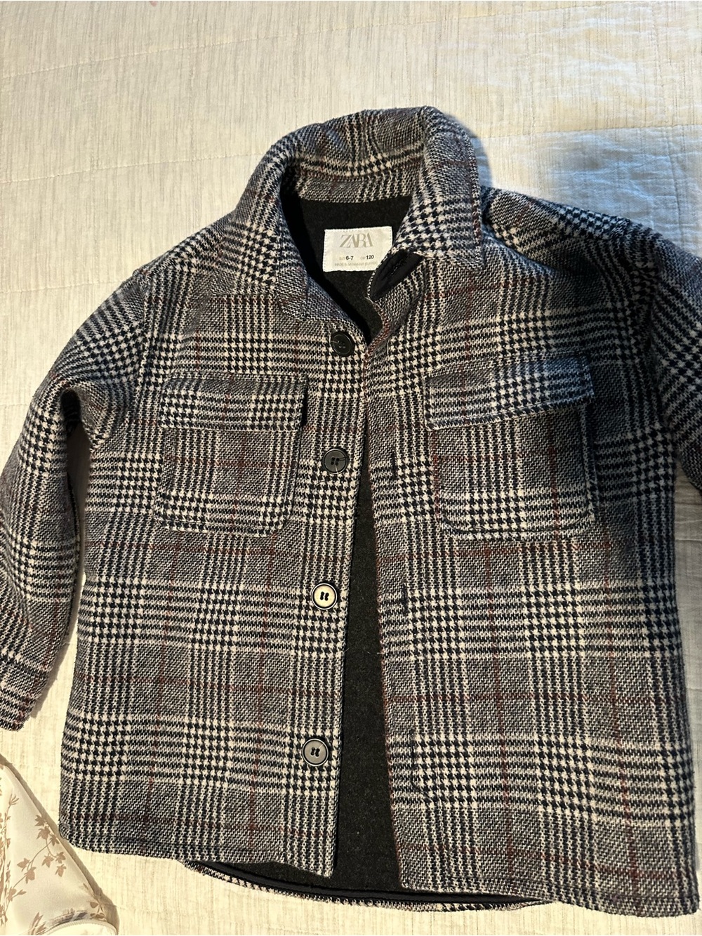 ZARA Kids Gray Plaid Pea Coat with Subtle Brown Windowpane